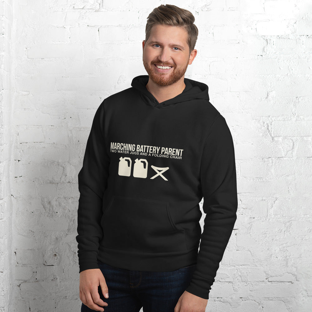 Marching band parent hoodie on model outdoors - front view of black pullover with Marching Battery Parent duotone print