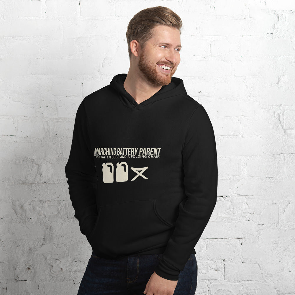 Marching band hoodie lifestyle left-front angle - unisex black pullover for band parents