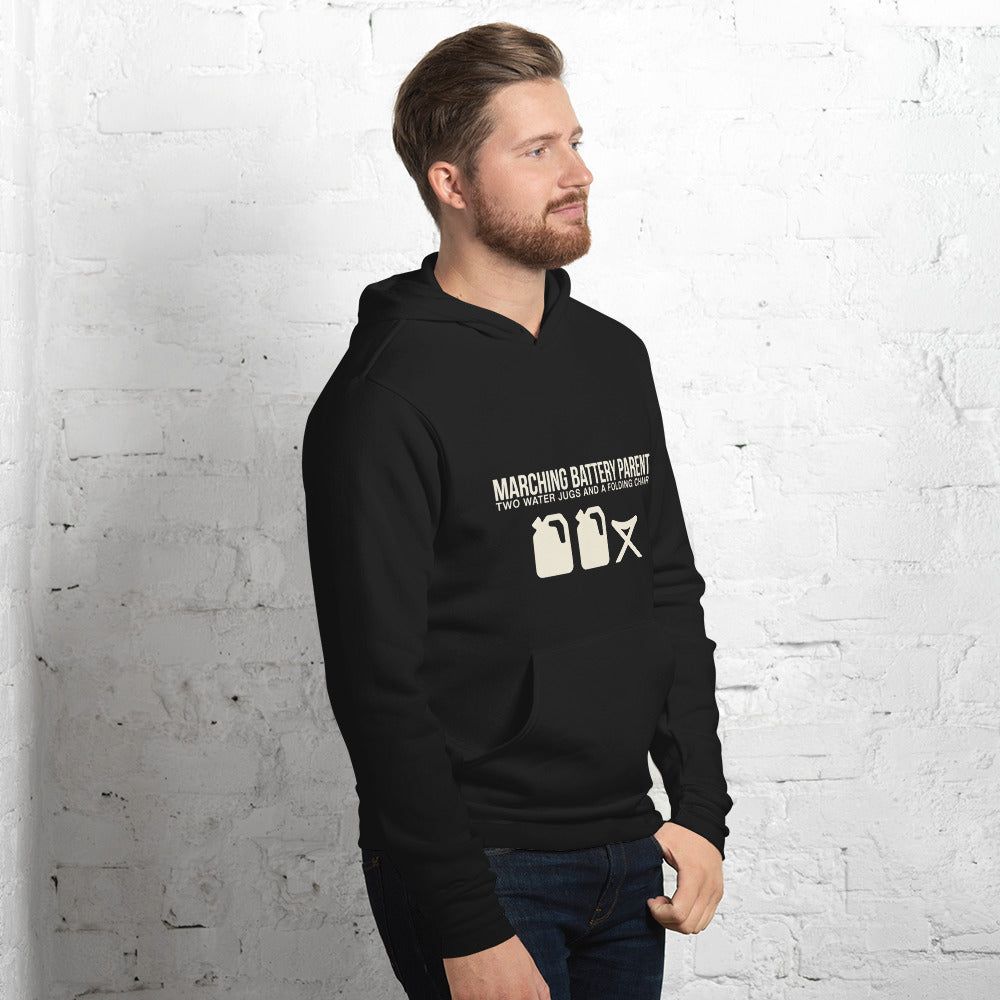 Marching band parent hoodie lifestyle right-front angle on model
