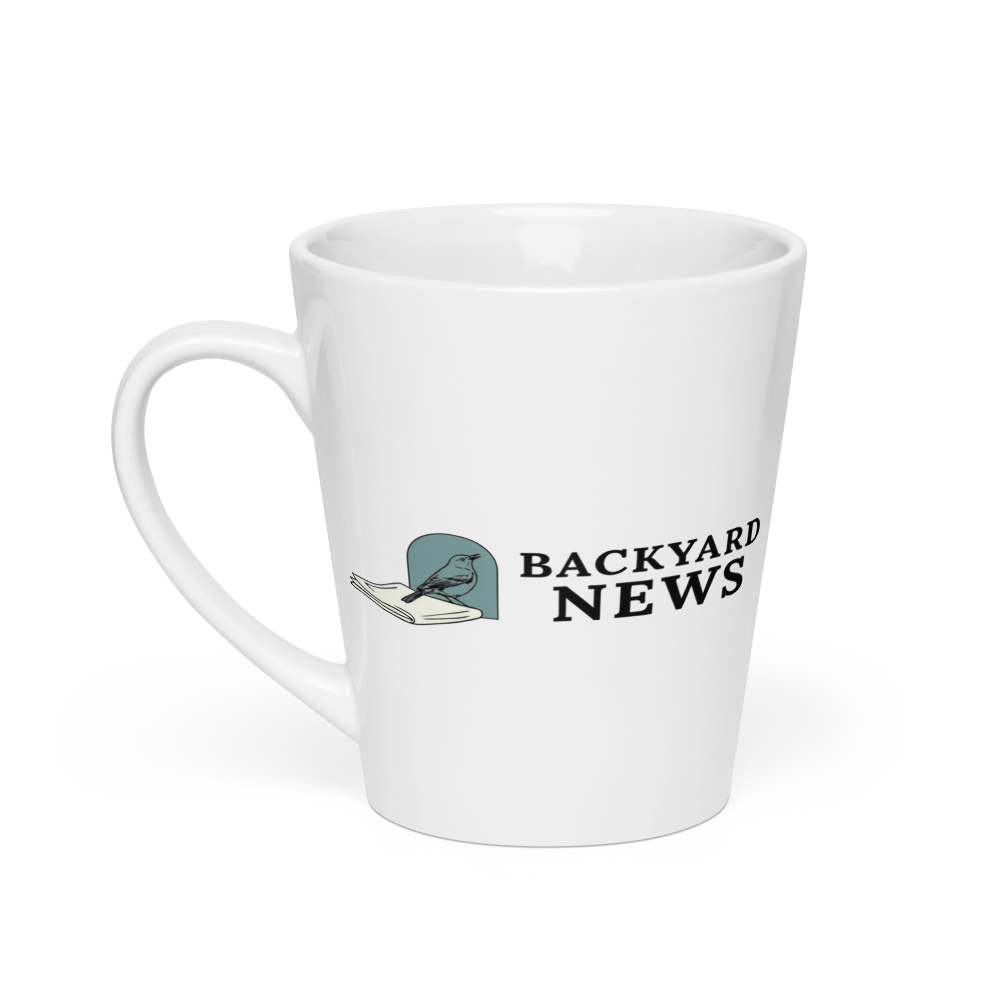 Bird coffee mug, 12 oz latte, handle on the left: the same design printed on the other side, so it faces out in either hand