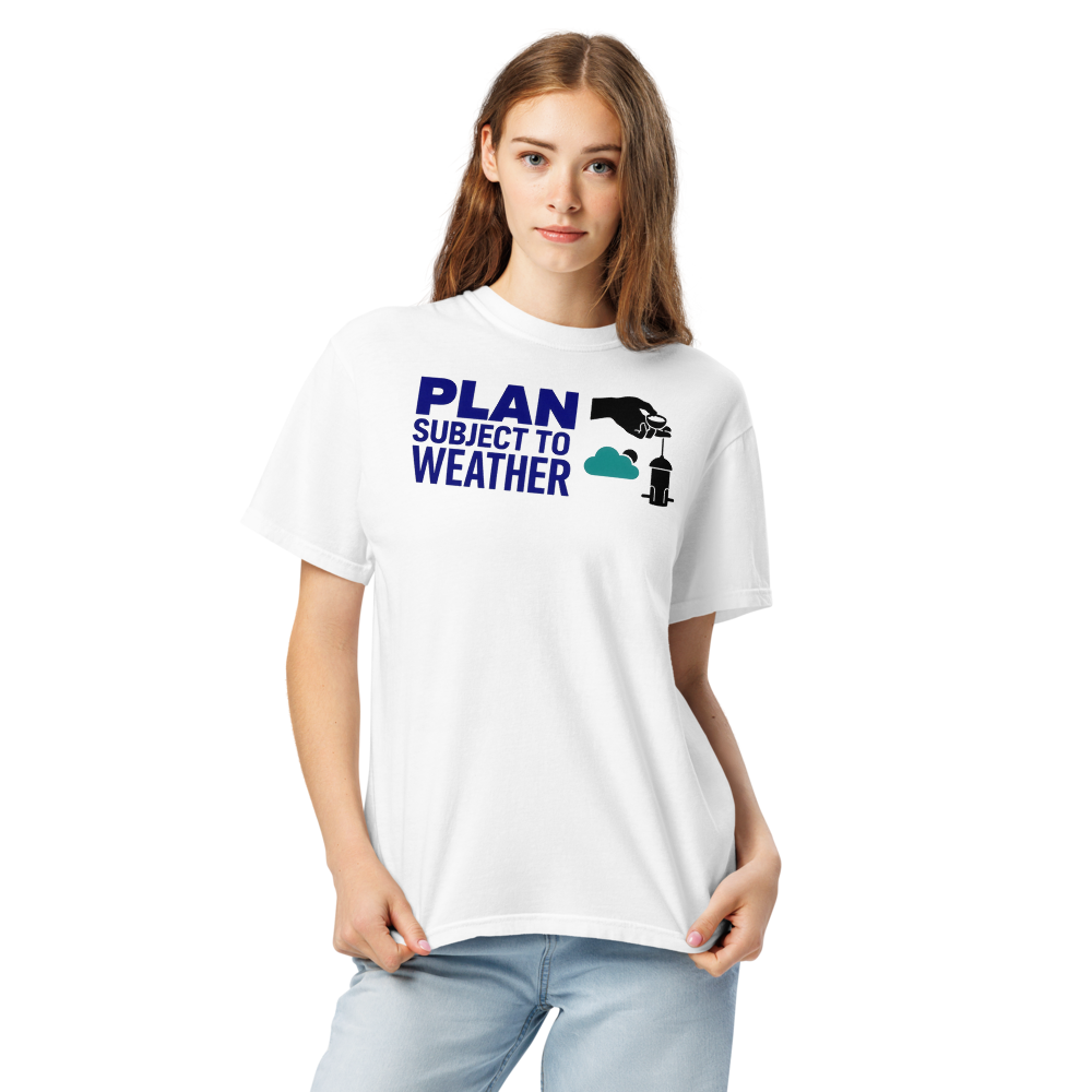 Close-up of a woman in the white bird feeder shirt, showing PLAN SUBJECT TO WEATHER beside a seed scoop, a cloud and a feeder