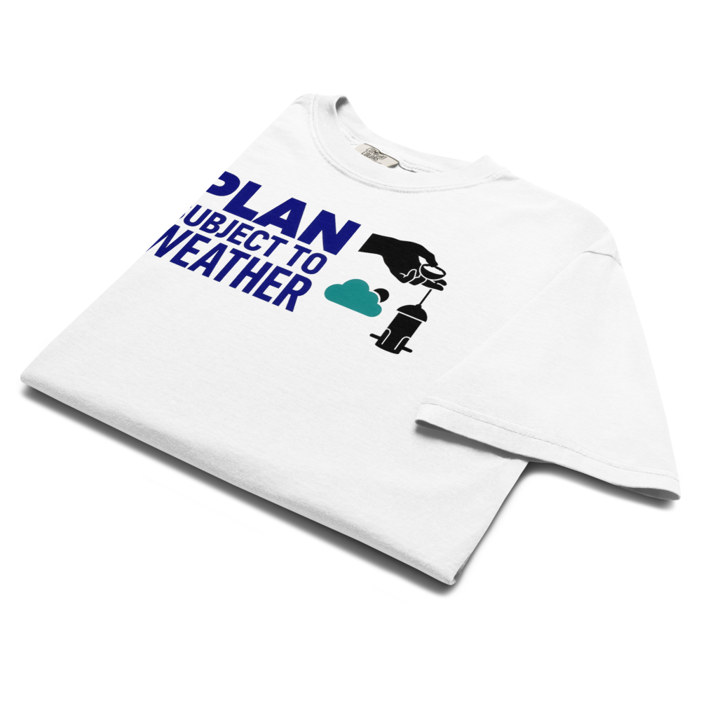 The white bird feeder shirt folded, showing PLAN SUBJECT TO WEATHER beside a seed scoop, a cloud and a feeder