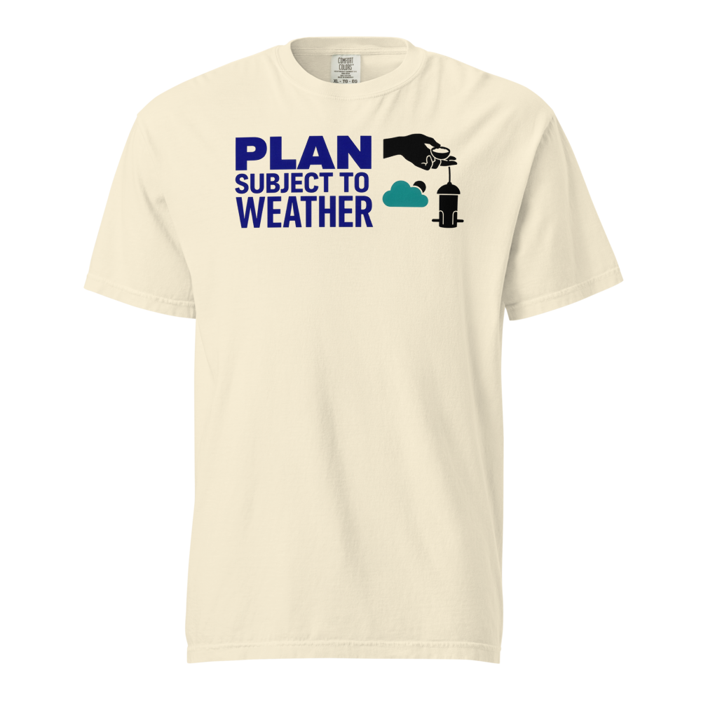 Bird Feeder Shirt in Ivory, front view: PLAN SUBJECT TO WEATHER beside a seed scoop, a cloud and a feeder