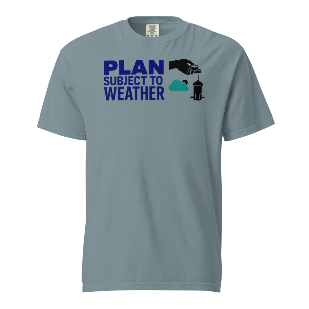 Bird Feeder Shirt in Ice Blue, front view: PLAN SUBJECT TO WEATHER beside a seed scoop, a cloud and a feeder
