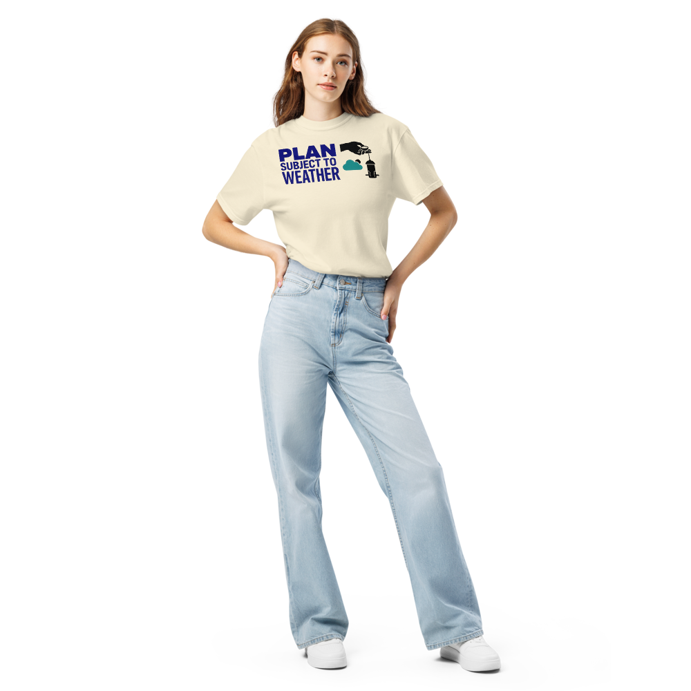 Woman wearing the Ivory bird feeder shirt with PLAN SUBJECT TO WEATHER beside a seed scoop, a cloud and a feeder