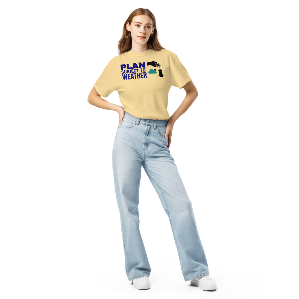 Woman wearing the Butter bird feeder shirt with PLAN SUBJECT TO WEATHER beside a seed scoop, a cloud and a feeder
