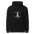 Bird Hoodie in Black, front view: STILL WAITING. STILL WATCHING. around a feeder and binoculars
