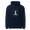 Bird Hoodie in French Navy, front view: STILL WAITING. STILL WATCHING. around a feeder and binoculars