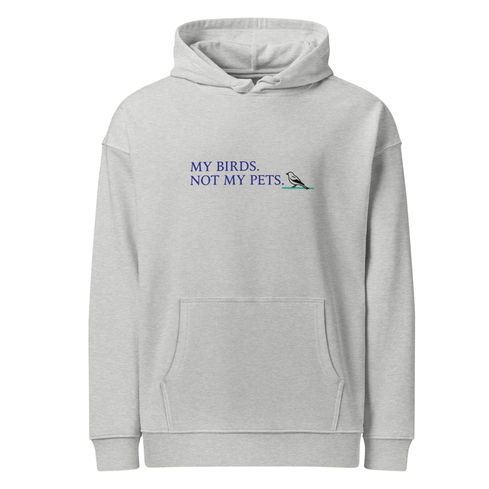 Bird Lady Hoodie in Heather Grey, front view: MY BIRDS. NOT MY PETS. with a small songbird