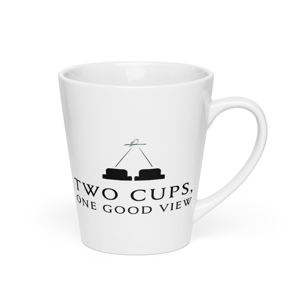 Bird lover latte mug, 12 oz latte, handle on the right: two seats watching one bird over TWO CUPS, ONE GOOD VIEW