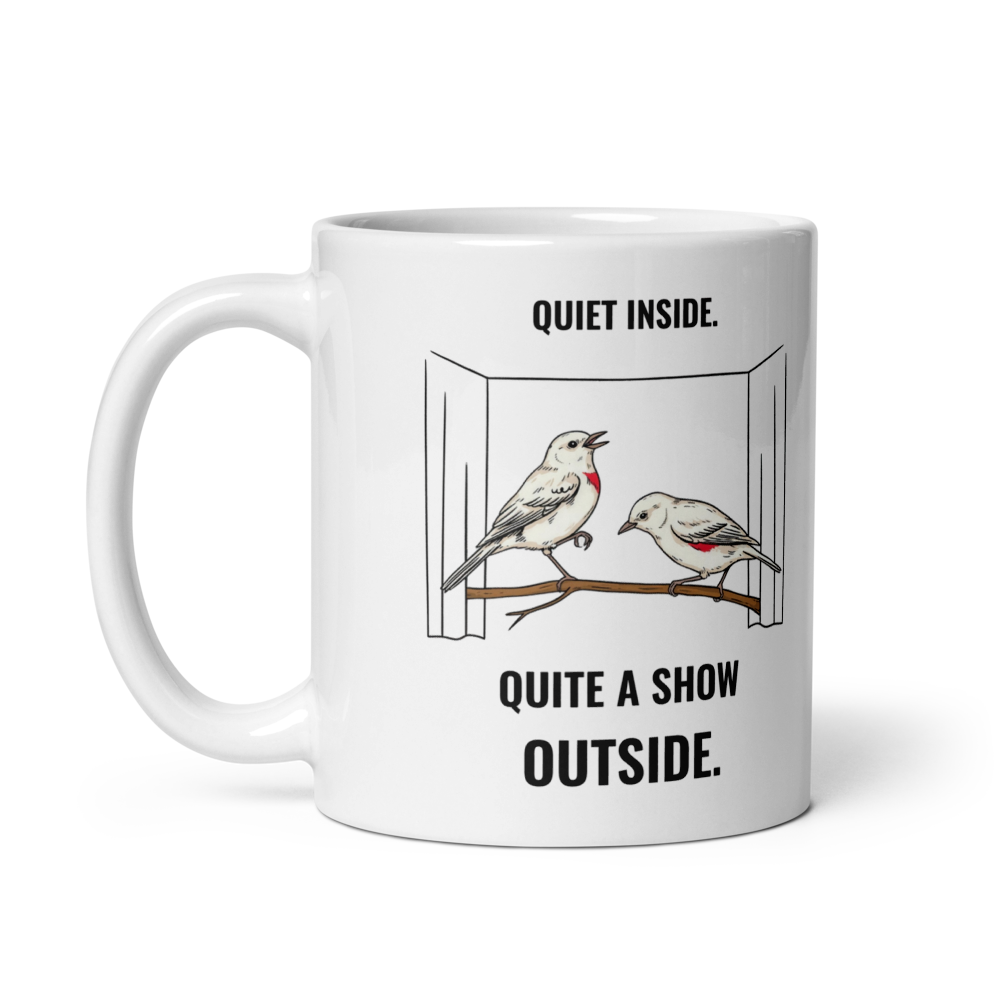 Bird mug, 11 oz, handle on the left: the same design printed on the other side, so it faces out in either hand