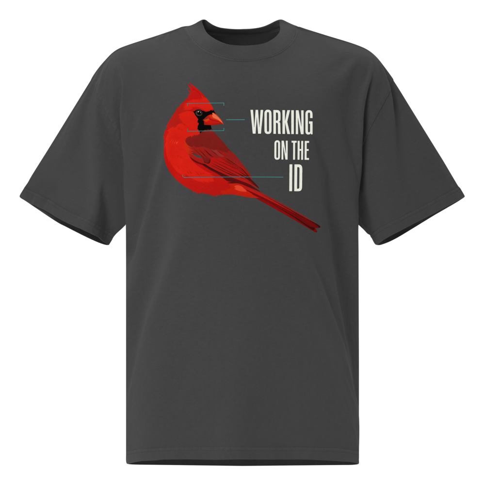 Bird Nerd Shirt in Faded Black, front view: a cardinal with field-mark notes beside WORKING ON THE ID