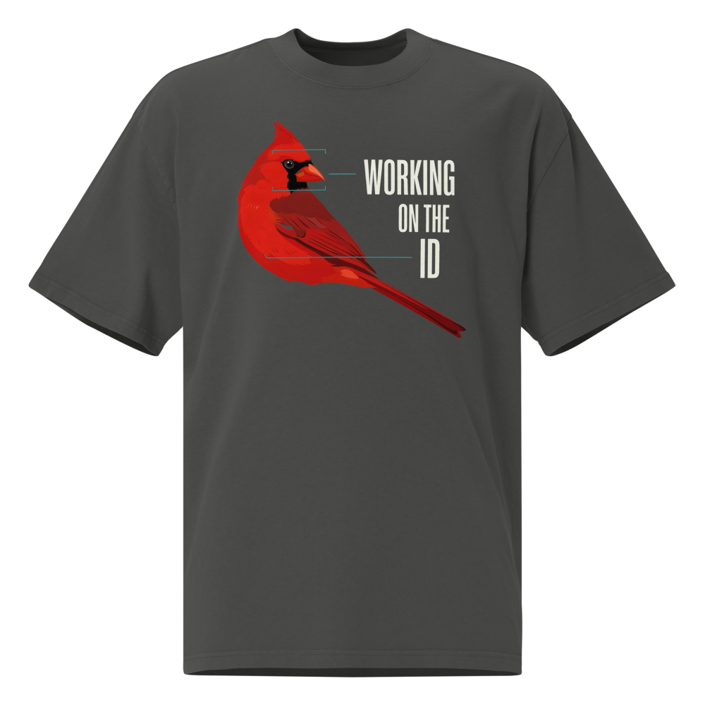 Bird Nerd Shirt in Faded Coal, front view: a cardinal with field-mark notes beside WORKING ON THE ID