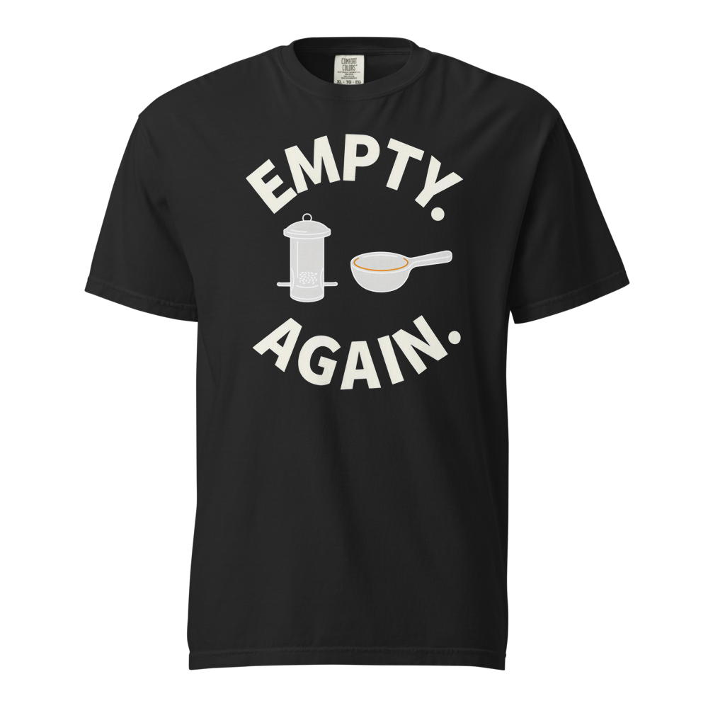 Bird Shirt for Women in Black, front view: EMPTY. AGAIN. curved around a feeder and scoop