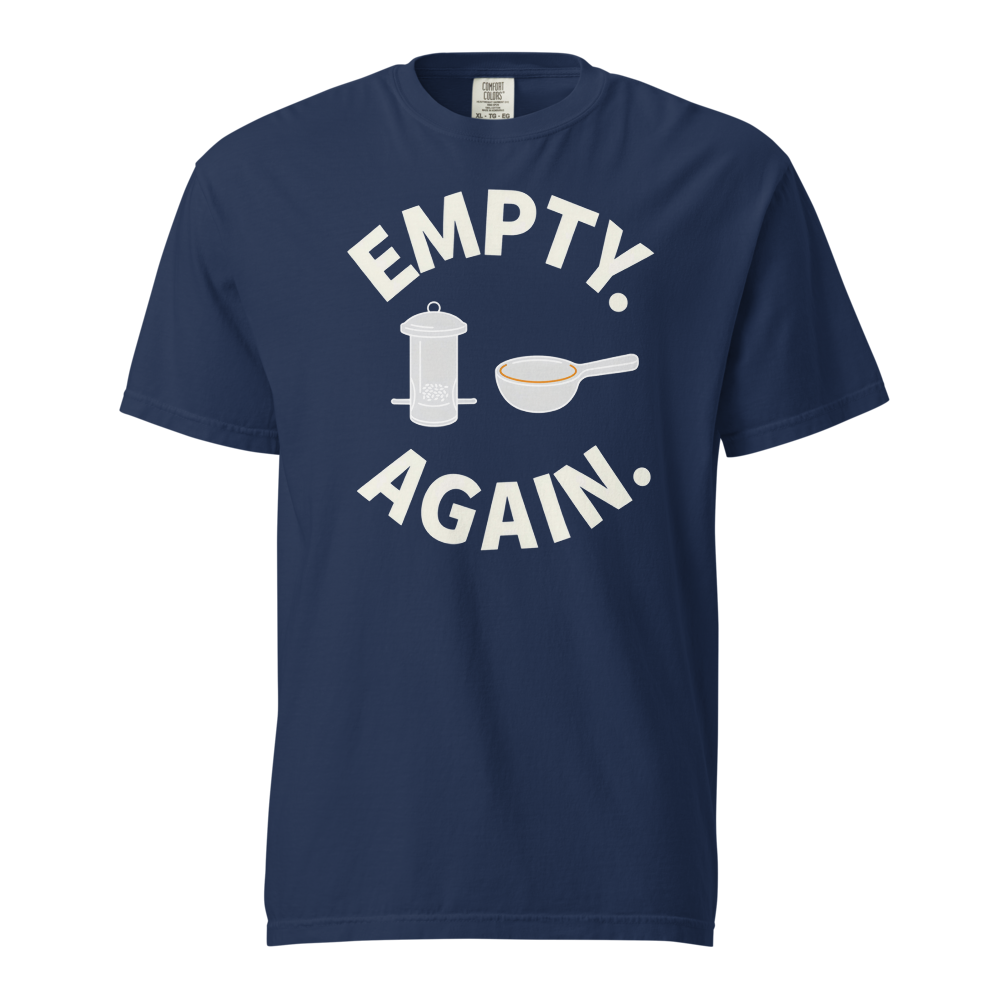 Bird Shirt for Women in True Navy, front view: EMPTY. AGAIN. curved around a feeder and scoop