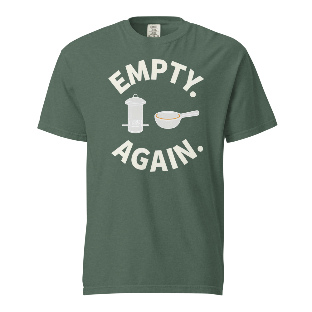 Bird Shirt for Women in Blue Spruce, front view: EMPTY. AGAIN. curved around a feeder and scoop