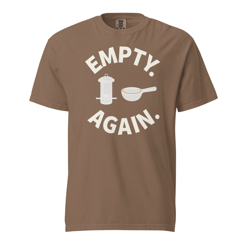 Bird Shirt for Women in Espresso, front view: EMPTY. AGAIN. curved around a feeder and scoop