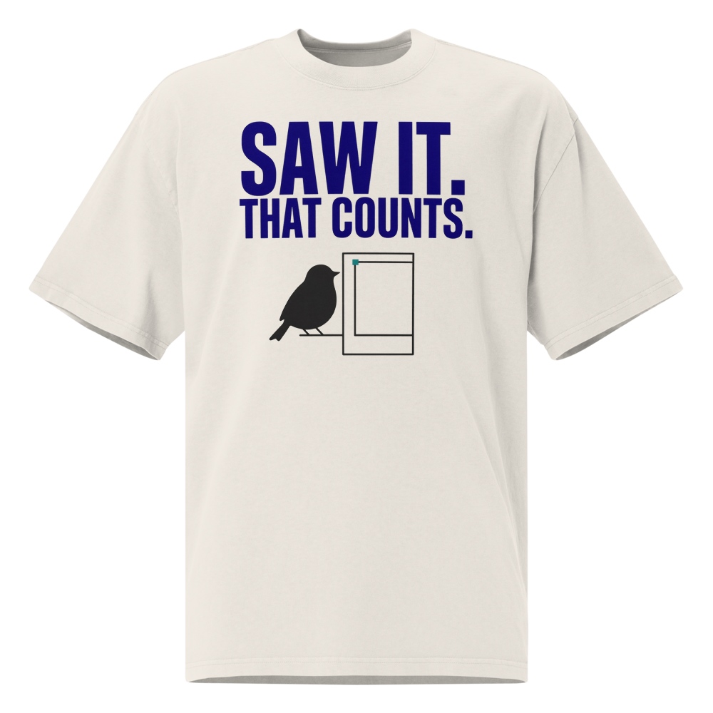 Bird Shirt in Faded Bone, front view: SAW IT. THAT COUNTS. above a bird beside an empty photo frame