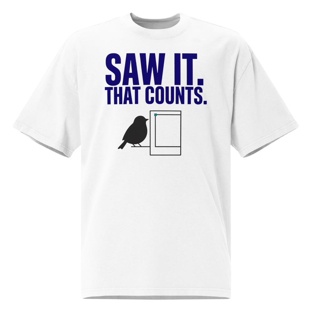 Bird Shirt in Faded White, front view: SAW IT. THAT COUNTS. above a bird beside an empty photo frame