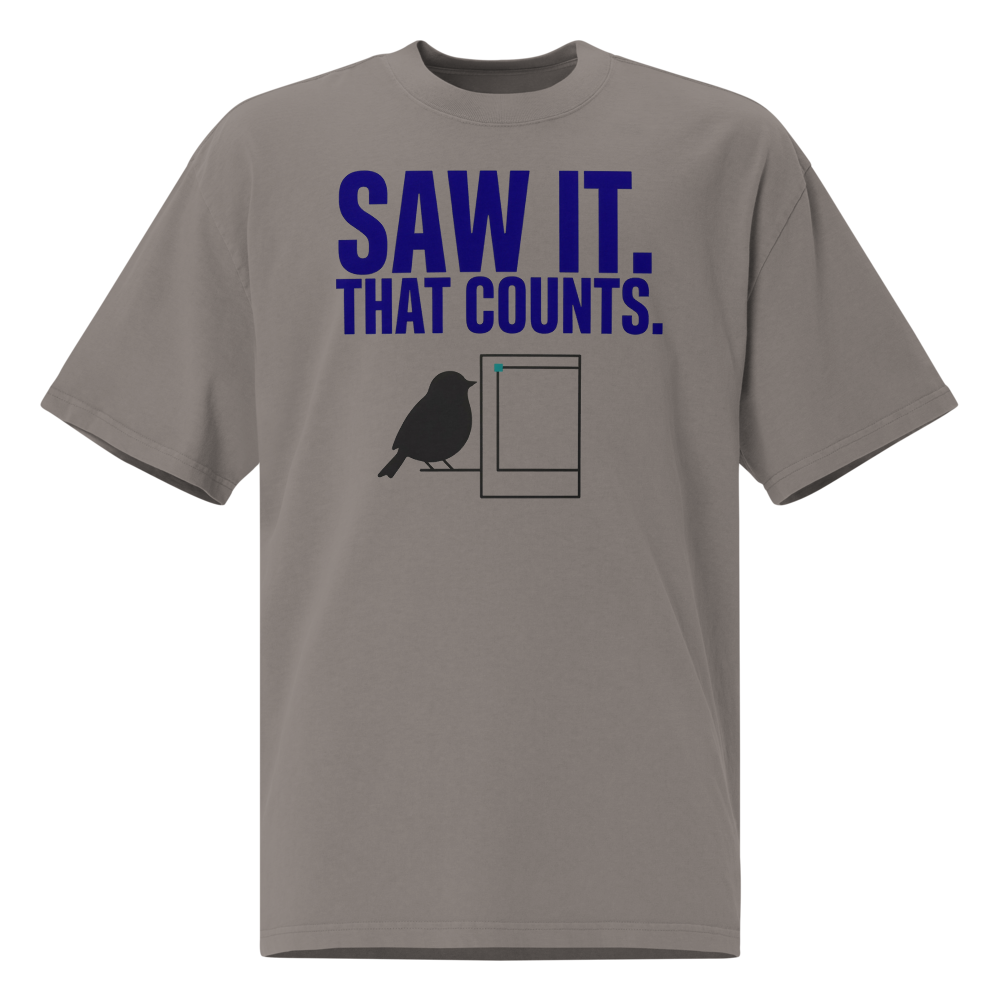 Bird Shirt in Faded Grey, front view: SAW IT. THAT COUNTS. above a bird beside an empty photo frame