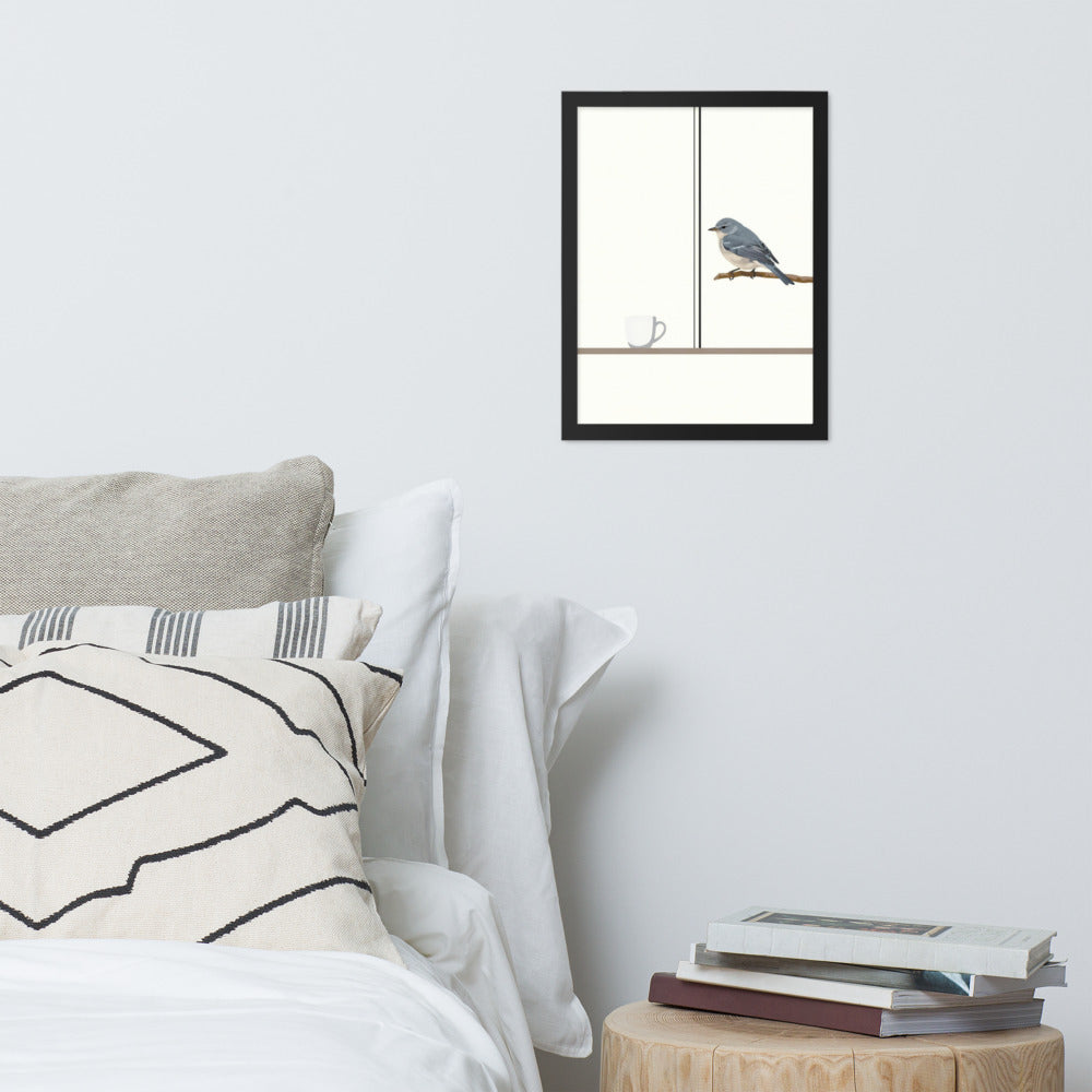 First Light, Familiar Wings framed bird print on a bedroom wall beside a bed and side table