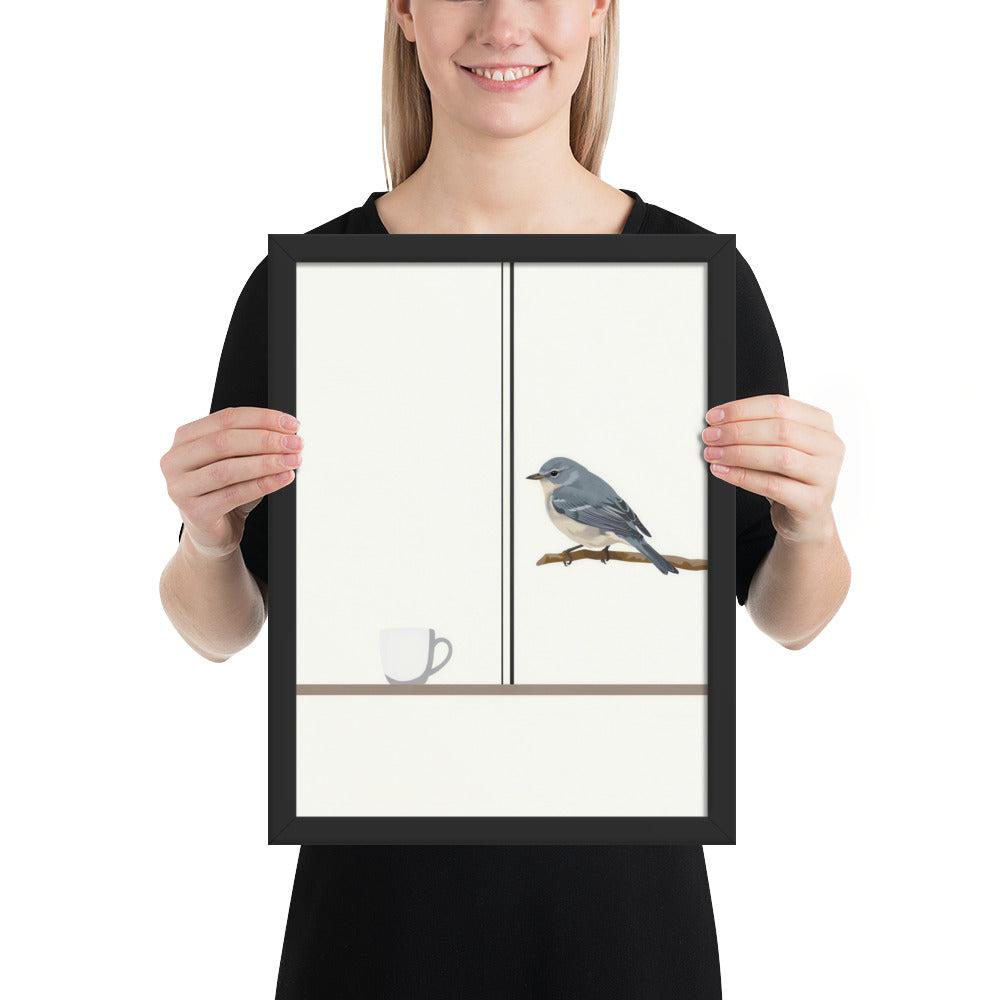 Person holding the 12x16 First Light, Familiar Wings framed bird print to show its size