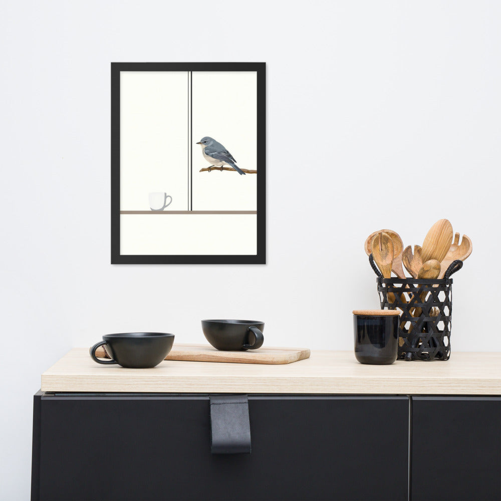 First Light, Familiar Wings framed bird print hanging above a kitchen sideboard with coffee cups