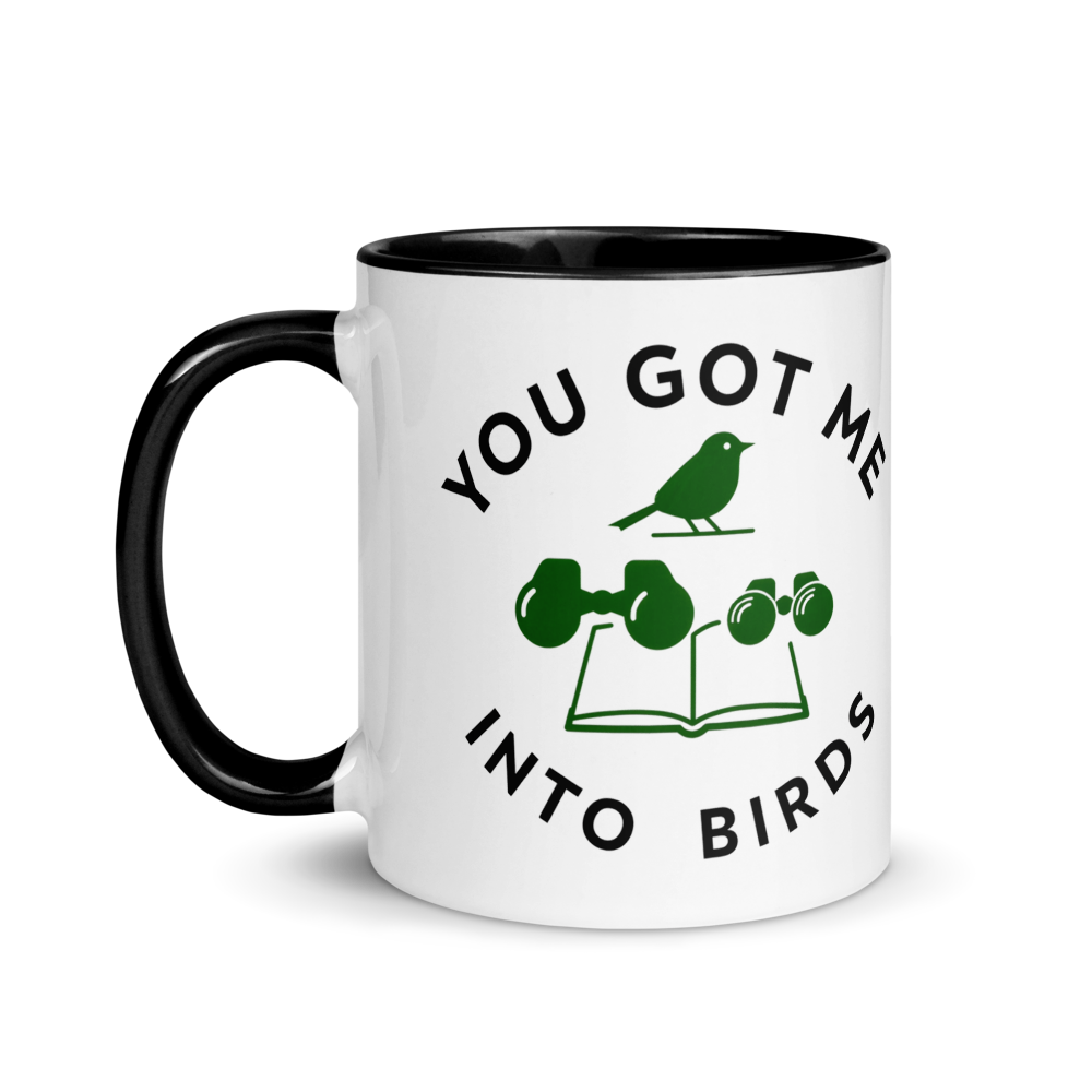 Bird watcher gift mug with black inside, 11 oz, handle on the left: the same design printed on the other side, so it faces out in either hand