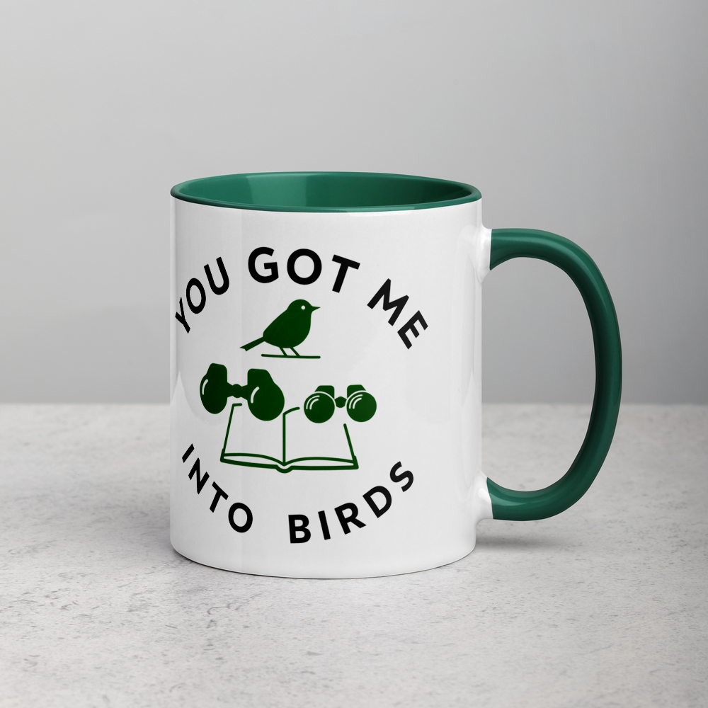 Bird watcher gift mug with dark green inside on a stone counter, showing YOU GOT ME INTO BIRDS around a bird, binoculars and a field guide