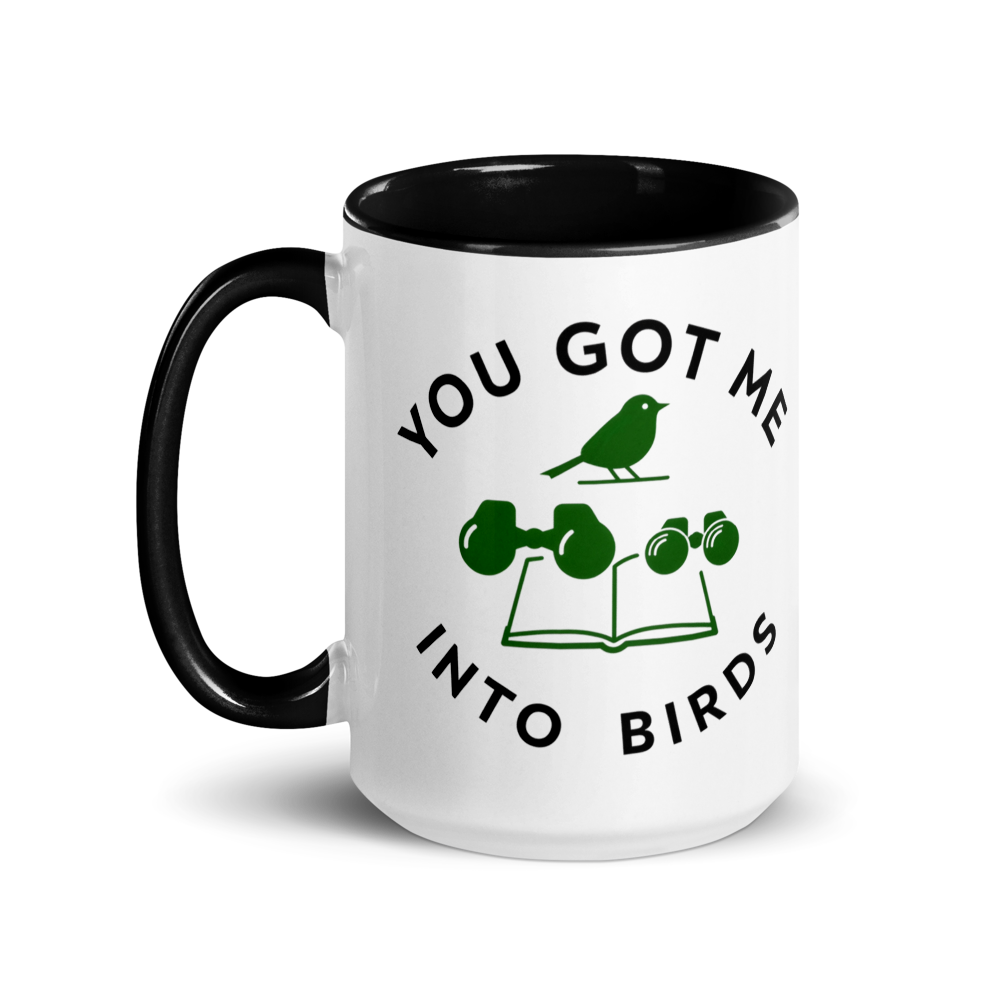 Bird watcher gift mug with black inside, 15 oz, handle on the left: the same design printed on the other side, so it faces out in either hand