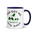 Bird watcher gift mug with dark blue inside, 11 oz, handle on the right: YOU GOT ME INTO BIRDS around a bird, binoculars and a field guide