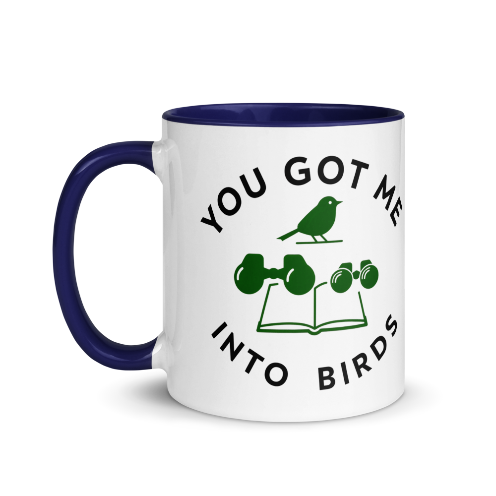 Bird watcher gift mug with dark blue inside, 11 oz, handle on the left: the same design printed on the other side, so it faces out in either hand
