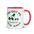 Bird watcher gift mug with red inside, 11 oz, handle on the right: YOU GOT ME INTO BIRDS around a bird, binoculars and a field guide