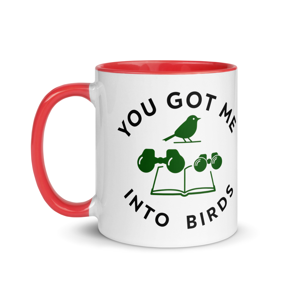 Bird watcher gift mug with red inside, 11 oz, handle on the left: the same design printed on the other side, so it faces out in either hand