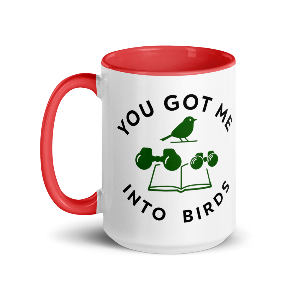 Bird watcher gift mug with red inside, 15 oz, handle on the left: the same design printed on the other side, so it faces out in either hand