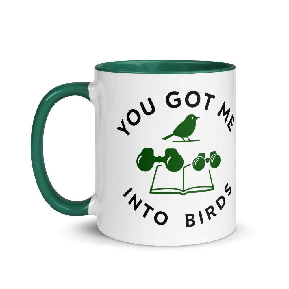 Bird watcher gift mug with dark green inside, 11 oz, handle on the left: the same design printed on the other side, so it faces out in either hand