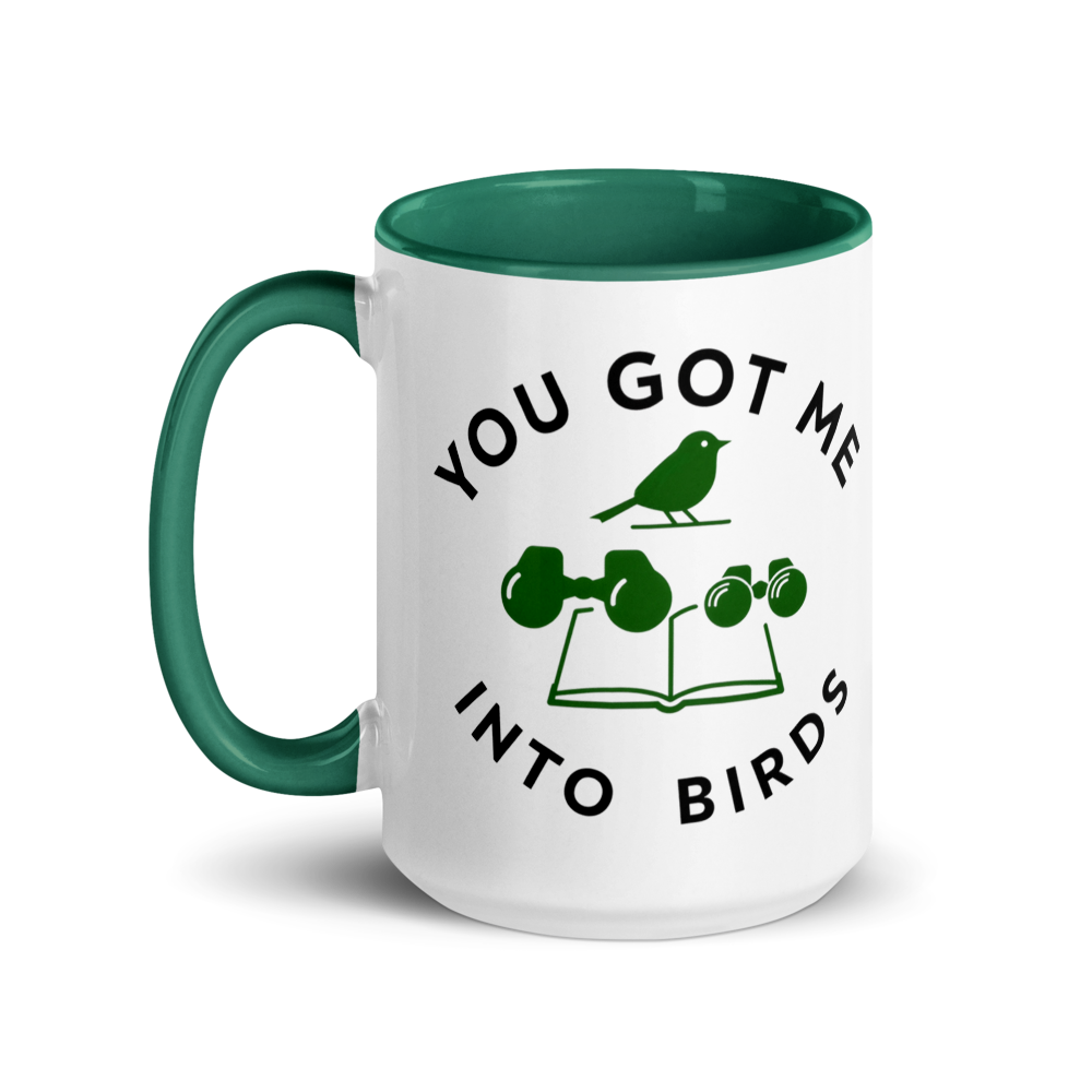Bird watcher gift mug with dark green inside, 15 oz, handle on the left: the same design printed on the other side, so it faces out in either hand