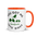Bird watcher gift mug with orange inside, 11 oz, handle on the right: YOU GOT ME INTO BIRDS around a bird, binoculars and a field guide