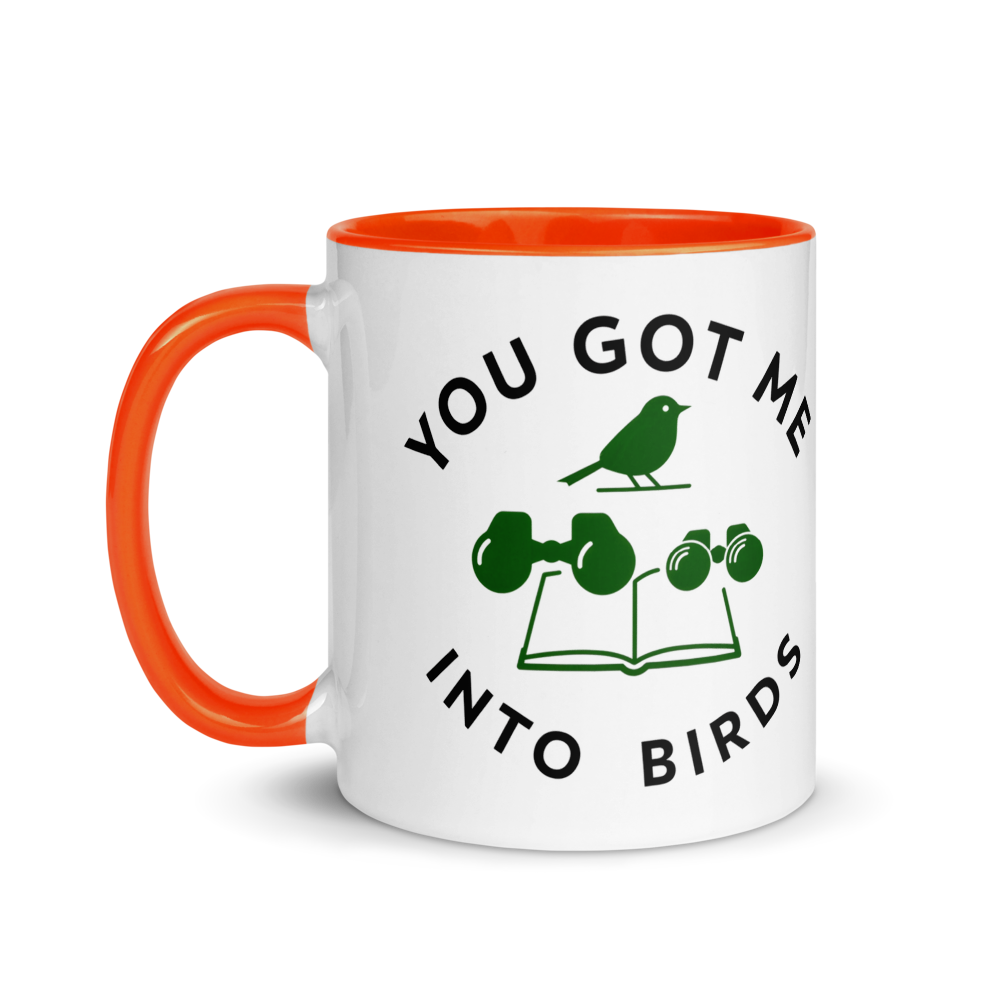 Bird watcher gift mug with orange inside, 11 oz, handle on the left: the same design printed on the other side, so it faces out in either hand