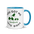 Bird watcher gift mug with blue inside, 11 oz, handle on the right: YOU GOT ME INTO BIRDS around a bird, binoculars and a field guide