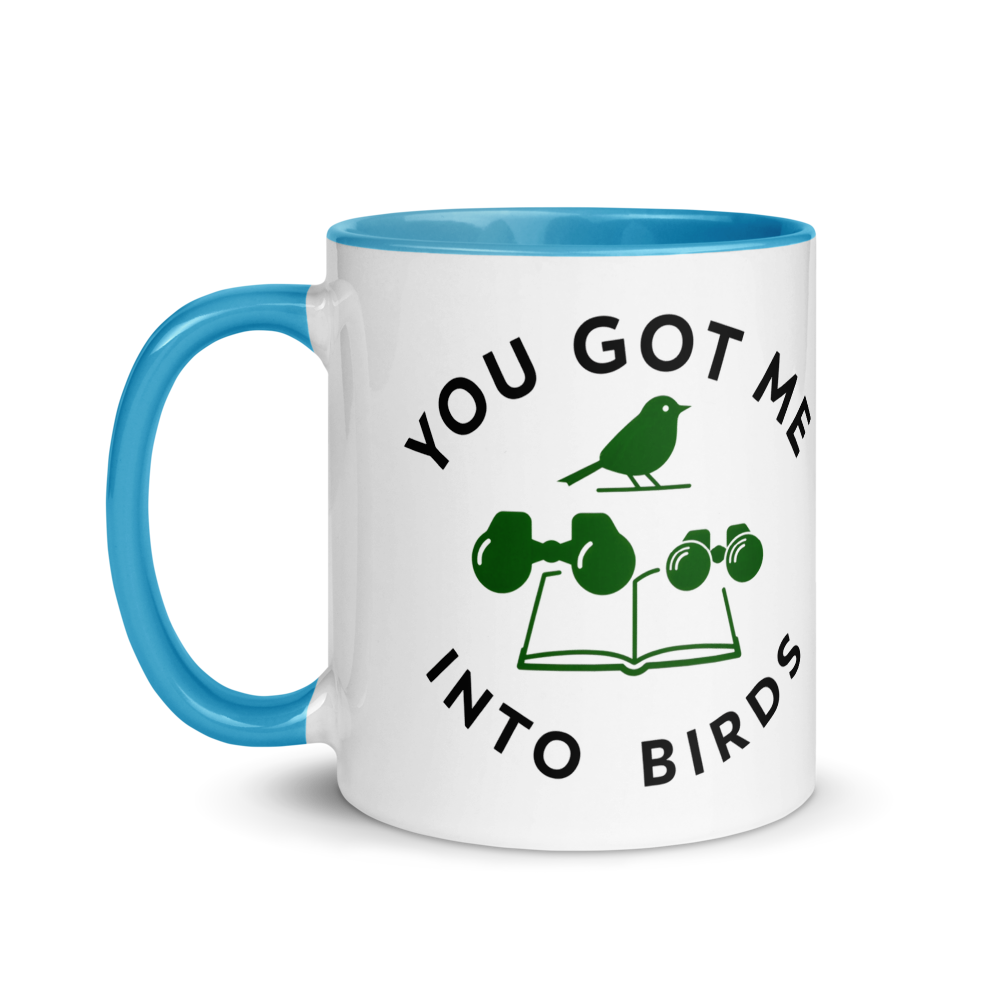 Bird watcher gift mug with blue inside, 11 oz, handle on the left: the same design printed on the other side, so it faces out in either hand