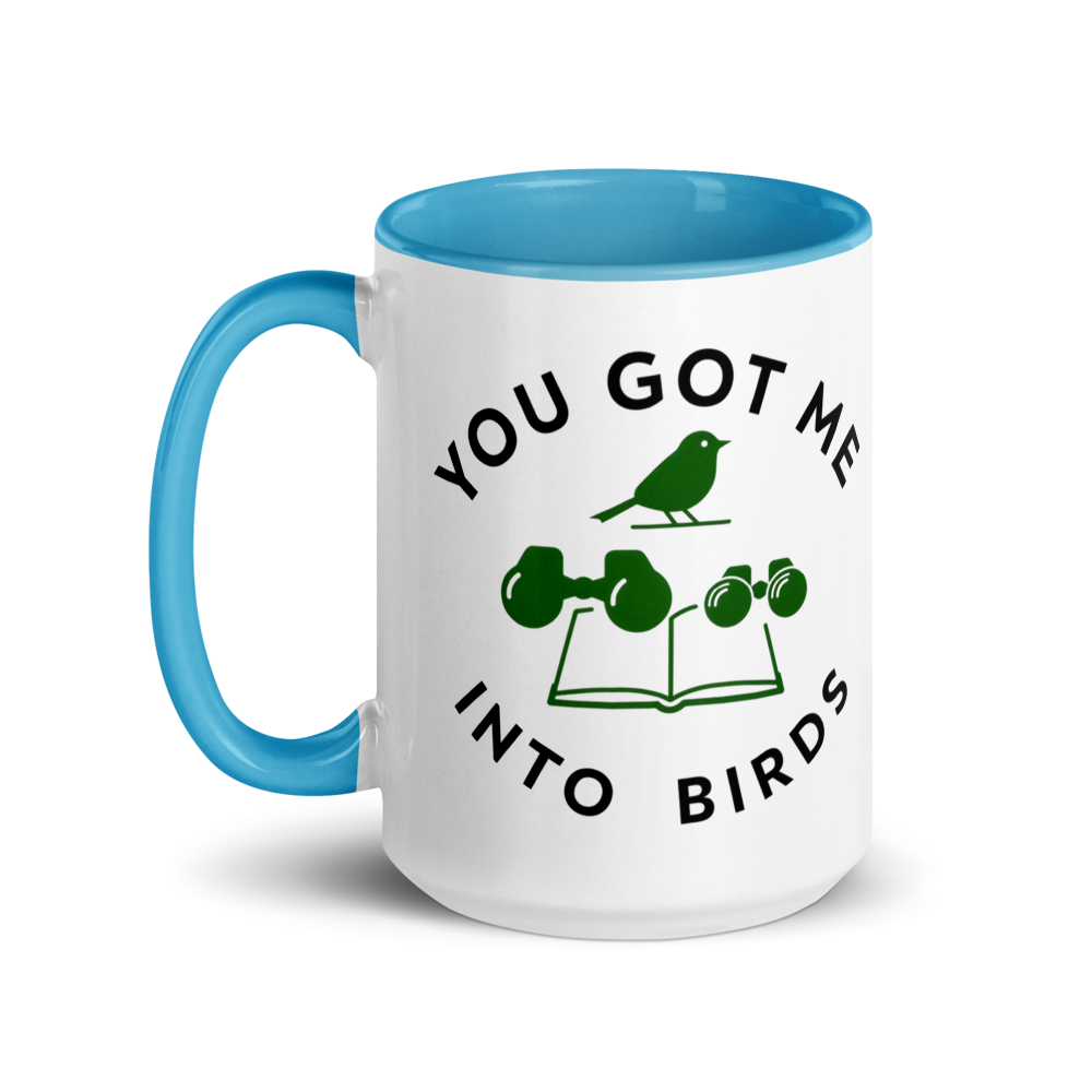 Bird watcher gift mug with blue inside, 15 oz, handle on the left: the same design printed on the other side, so it faces out in either hand