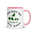 Bird watcher gift mug with pink inside, 11 oz, handle on the right: YOU GOT ME INTO BIRDS around a bird, binoculars and a field guide