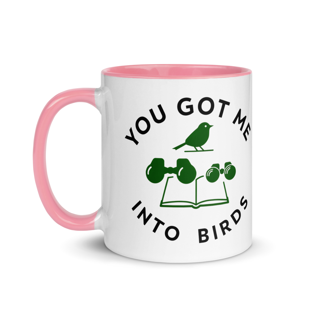 Bird watcher gift mug with pink inside, 11 oz, handle on the left: the same design printed on the other side, so it faces out in either hand