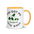 Bird watcher gift mug with golden yellow inside, 11 oz, handle on the right: YOU GOT ME INTO BIRDS around a bird, binoculars and a field guide