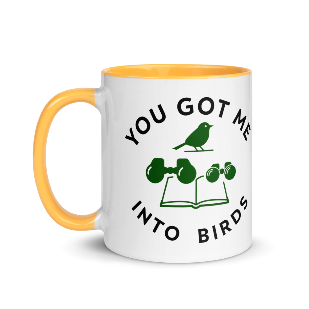 Bird watcher gift mug with golden yellow inside, 11 oz, handle on the left: the same design printed on the other side, so it faces out in either hand