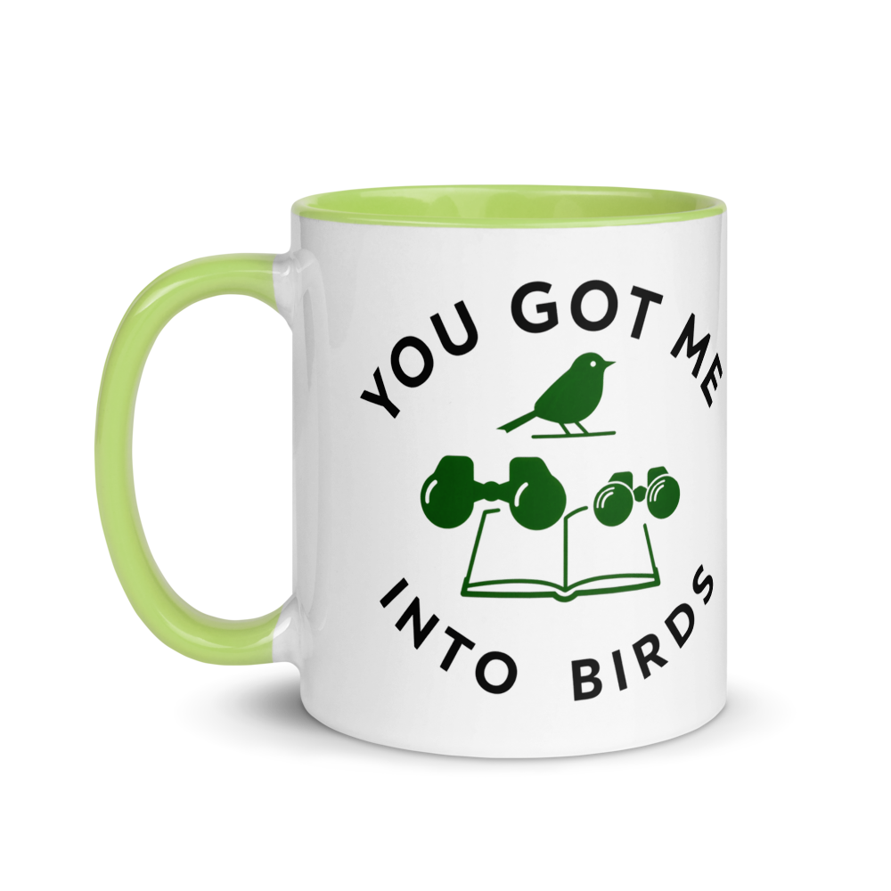 Bird watcher gift mug with green inside, 11 oz, handle on the left: the same design printed on the other side, so it faces out in either hand