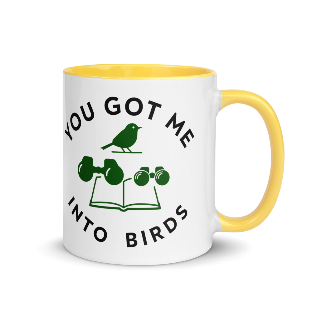Bird watcher gift mug with yellow inside, 11 oz, handle on the right: YOU GOT ME INTO BIRDS around a bird, binoculars and a field guide