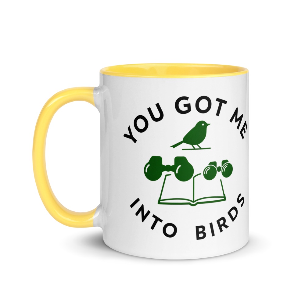 Bird watcher gift mug with yellow inside, 11 oz, handle on the left: the same design printed on the other side, so it faces out in either hand