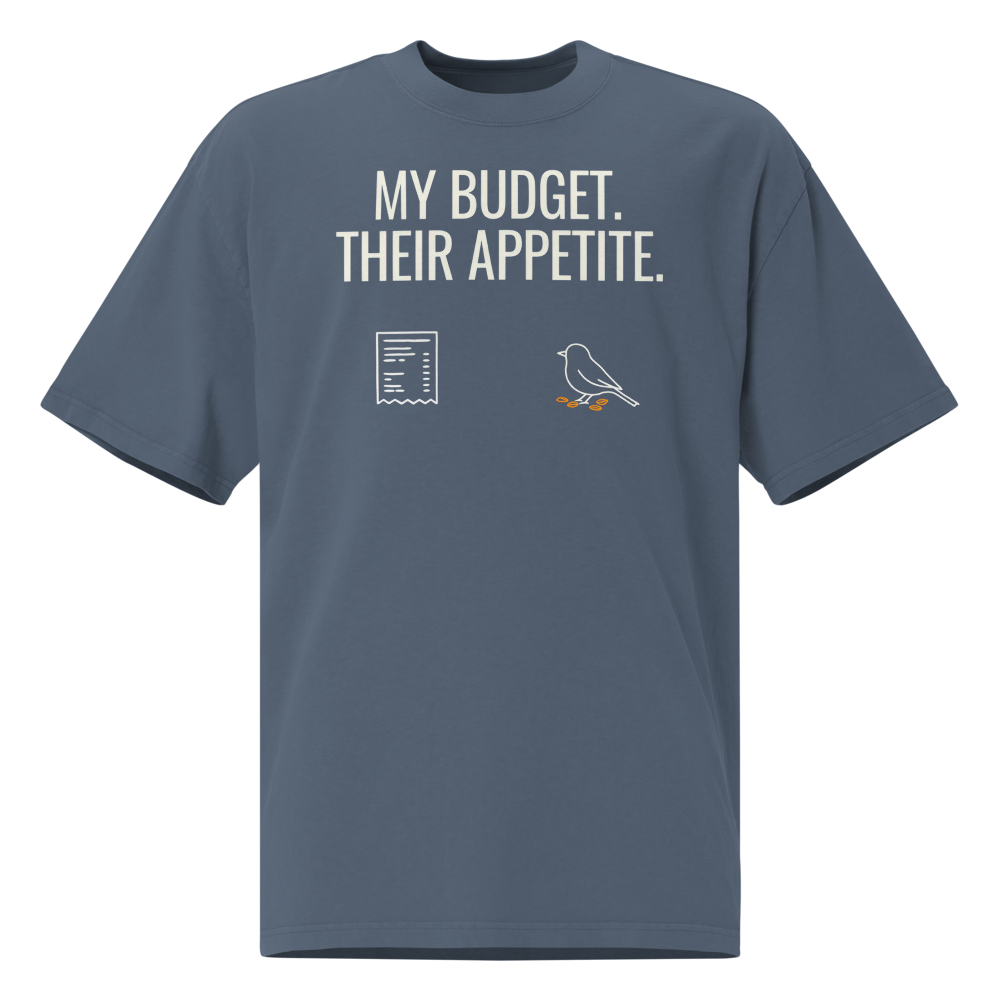 Bird Watcher Shirt in Faded Indigo, front view: MY BUDGET. THEIR APPETITE. above a receipt and a pecking songbird